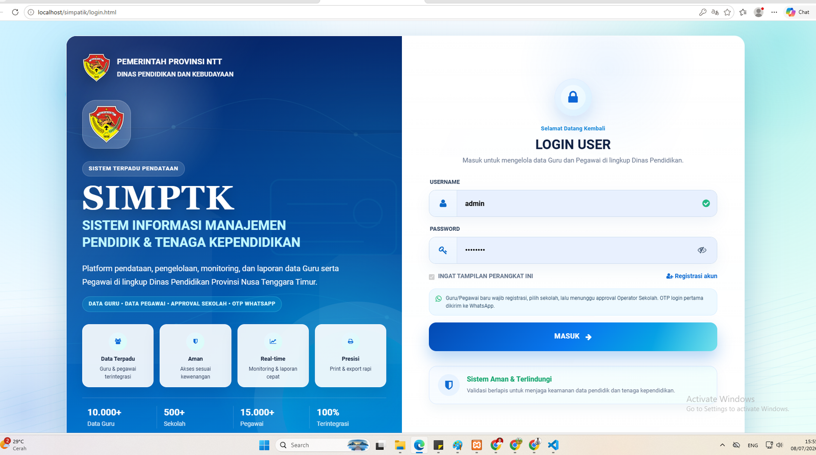 Halaman login SIMPTK
